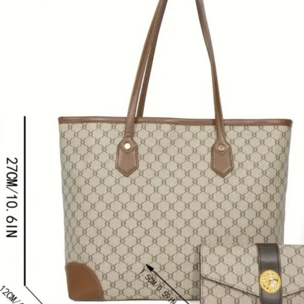NWT Elegant Brown and Gray Coated Canvas Tote Bag & Wallet With Dustbags - Picture 3 of 6